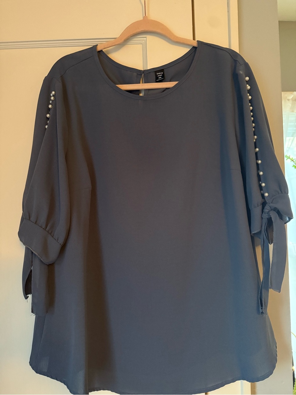 SHEIN Slate Blue Pearl-Trim Chiffon Blouse